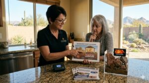Lady explaining what radon is to a customer in arizona.