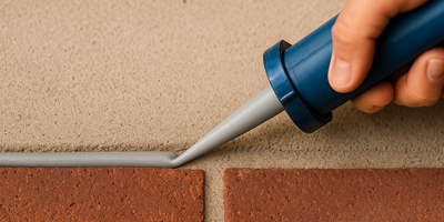 Cracks in the foundation of a home in phoenix being caulked with specialized sealant to prevent gas from coming up through the ground.