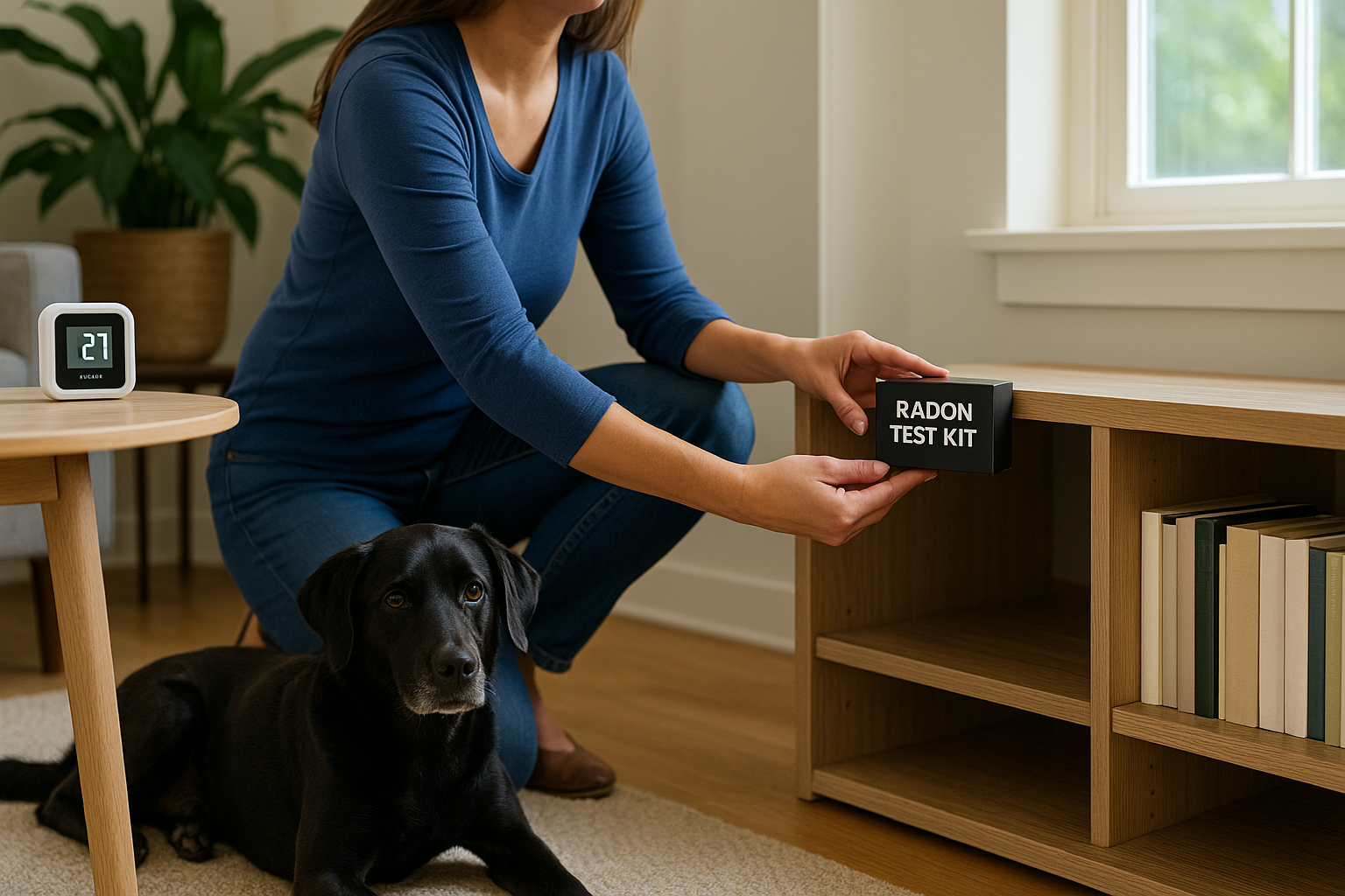person holding radon test kit with dog laying next to her.