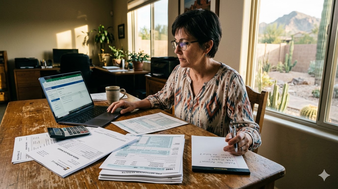 Lady doing taxes looking for a radon mitigation deduction in arizona.
