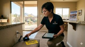 Lady testing for radon during home inpection in arizona.