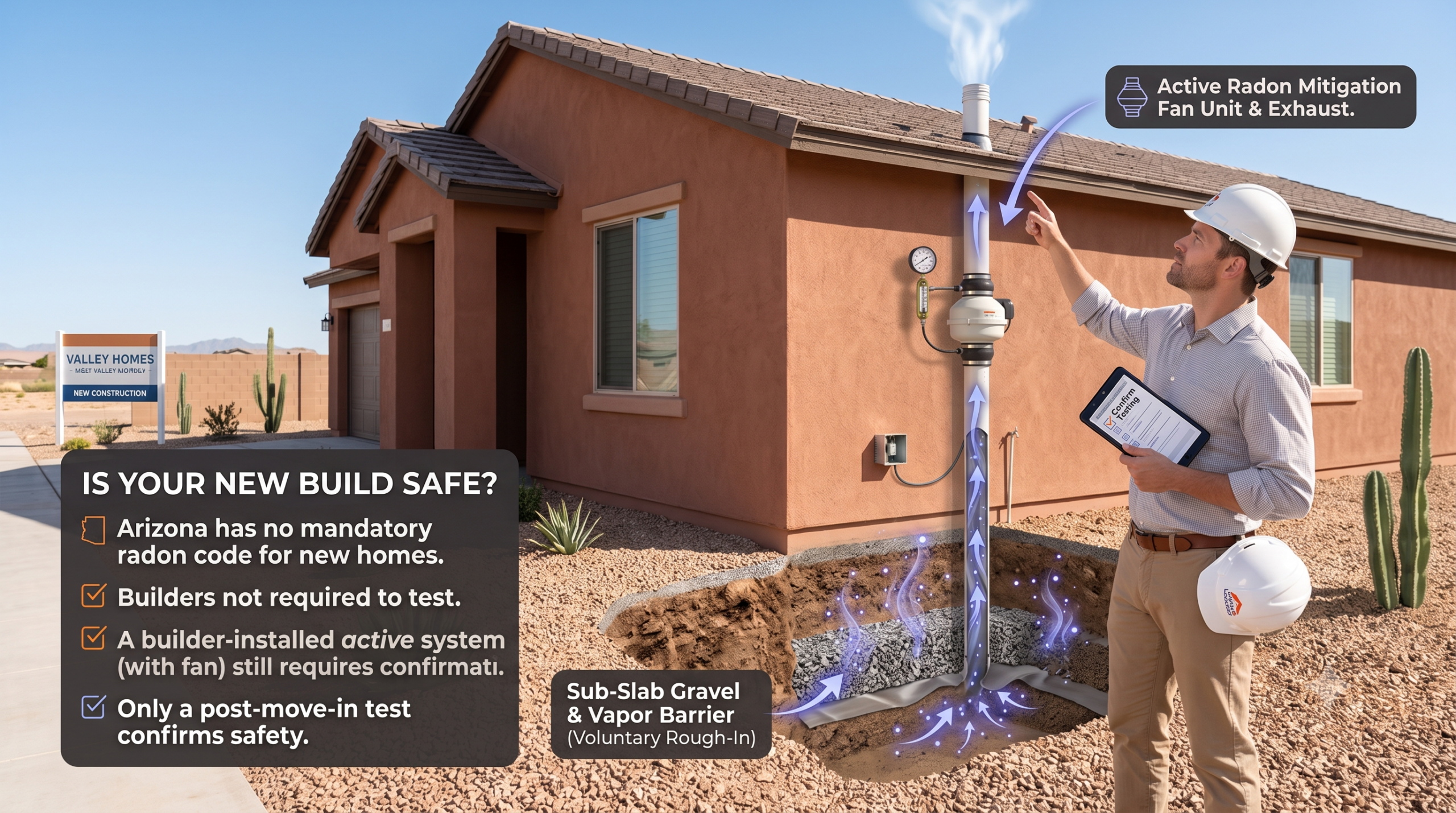 New construction home in the phoenix west valley with a radon vent pipe roughed in during the build