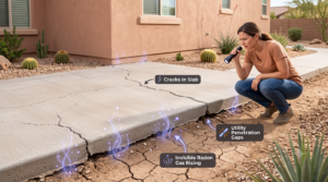 Concrete slab foundation of an arizona home showing cracks where radon gas can enter