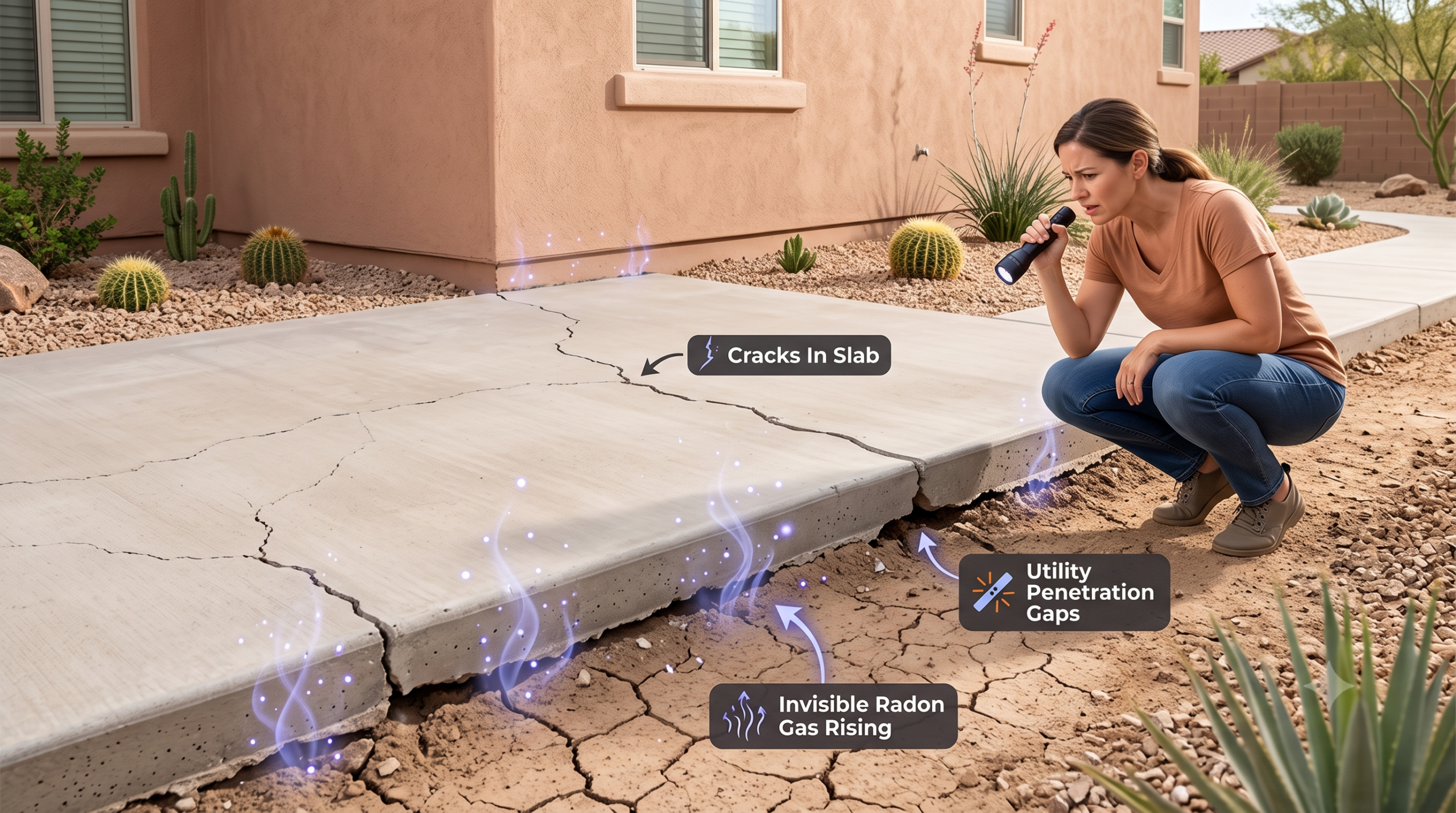 Concrete slab foundation of an arizona home showing cracks where radon gas can enter