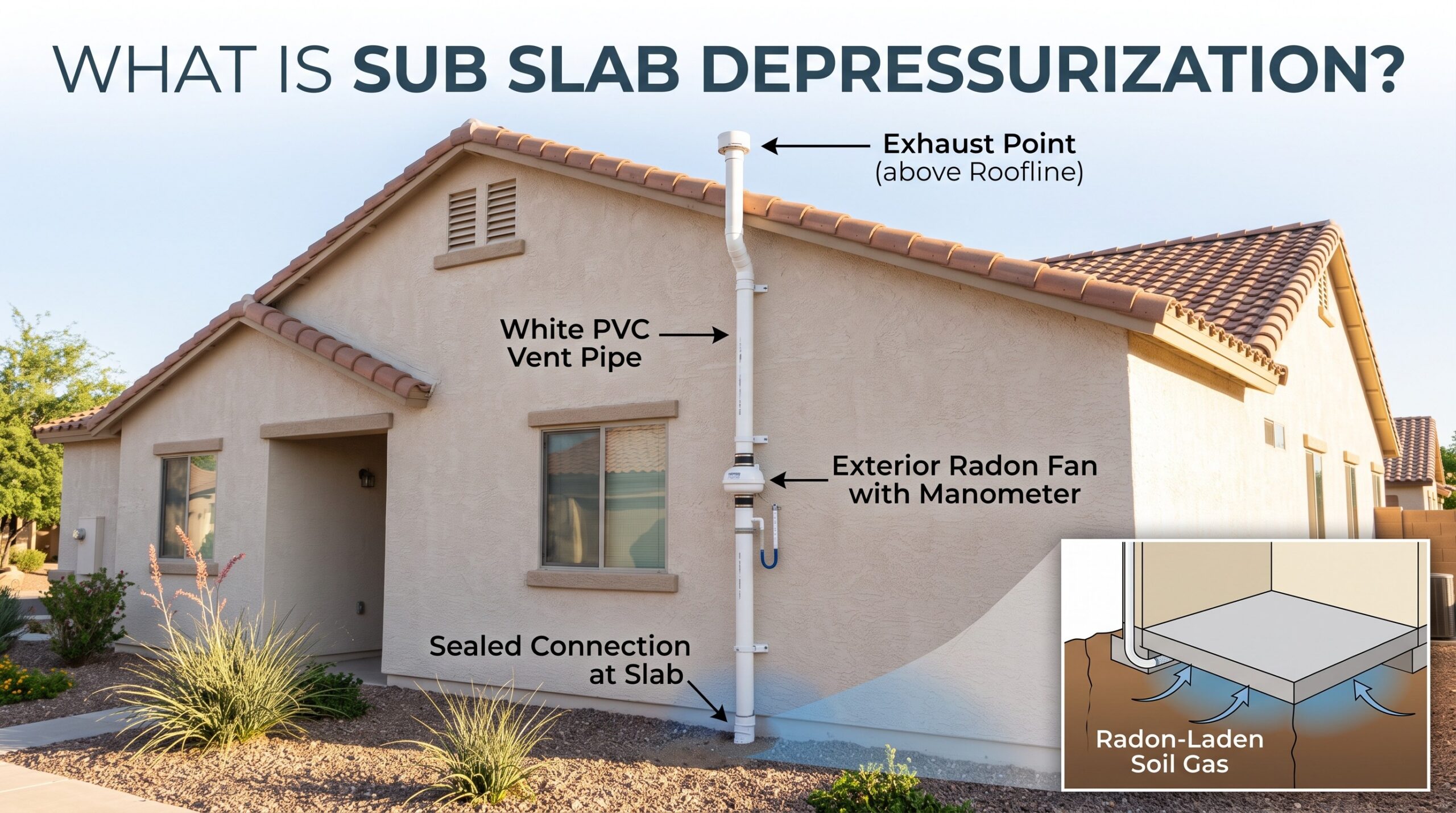 Diagram of home with sub slab depressurization system installed in arizona.